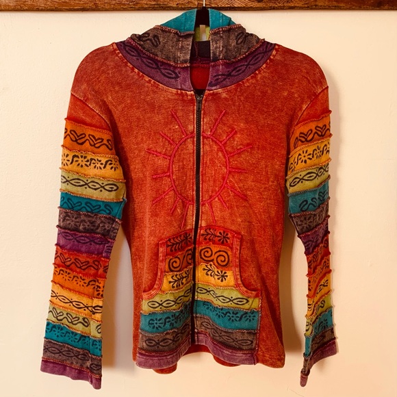 Vintage Tops - Y2K Embroidered Sun, Distressed Rainbow Striped Batik Zip Hoodie